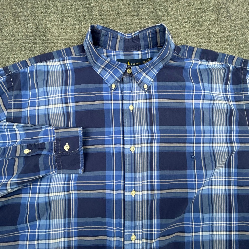 Ralph Lauren Button Down Shirt Mens 3XLT Blue Plaid Cotton Tall Long Sleeve Pony